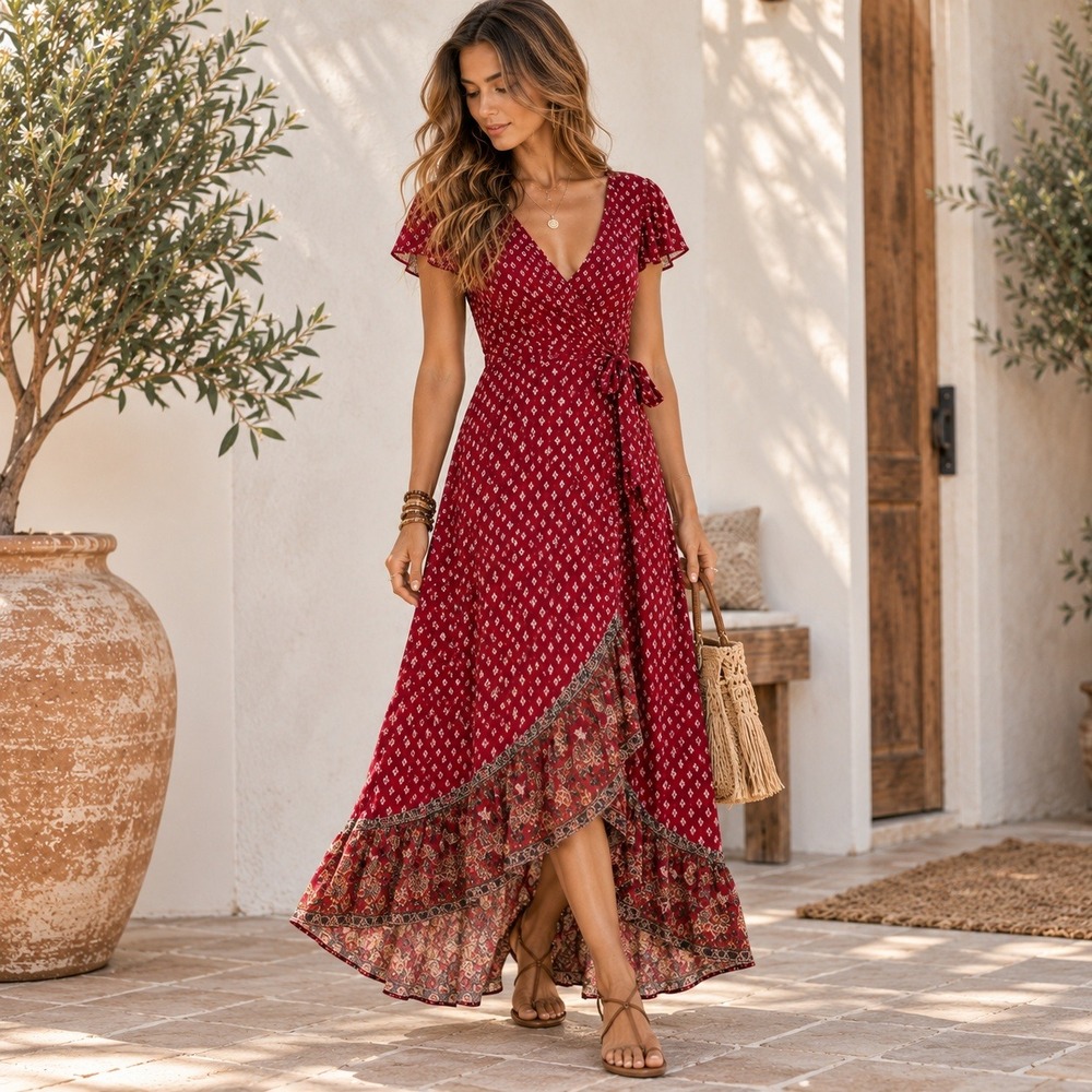 Xhilaration Boho Faux Wrap Maxi Dress Women S Red Floral Cottagecore Prairie